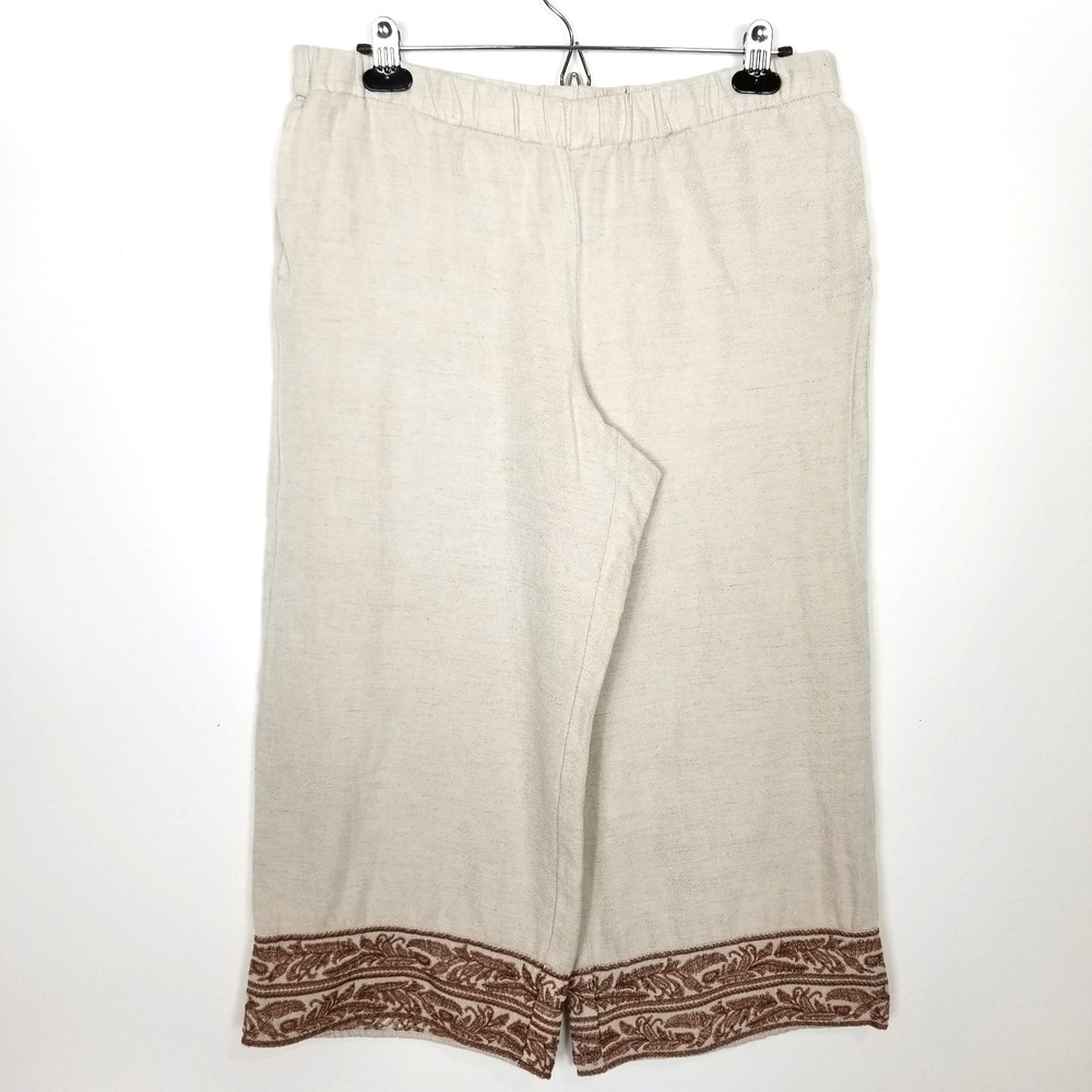 J.Jill Womens Linen Blend Wide Leg Crop Pants Sz M Petite Embroidered Pull‎ On